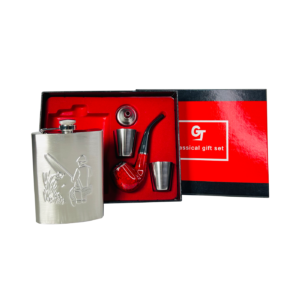 Premium Silver Flask with Wooden Pipe Set